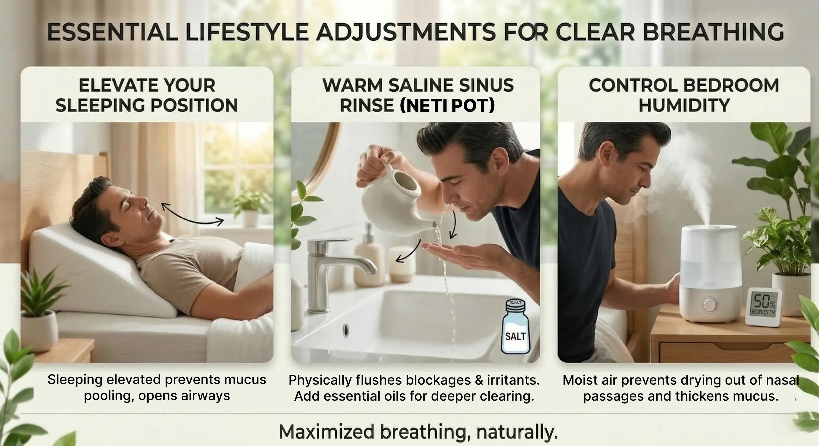 Infographic titled Essential Lifestyle Adjustments for Clear Breathing showing three panels: a man sleeping on a wedge pillow to elevate his head, a man using a neti pot for a saline sinus rinse over a sink, and a man adjusting a bedroom humidifier with a digital hygrometer showing 50% humidity.