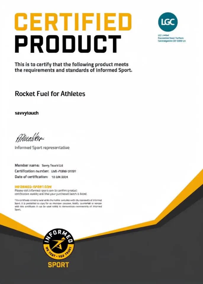 Official Informed Sport Certified Product certificate for Savvy Touch Rocket Fuel for Athletes, showing the LGC logo and confirming the product meets anti-doping standards for professional sports.